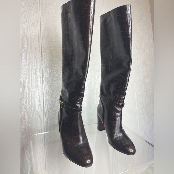 ROUJE PARIS Loana Croco Chocolat Heeled Riding Boots 37 - Picture 13 of 14